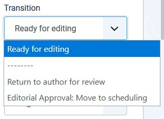 Workflow Transitions are then able to be selected in the article on the Content tab.