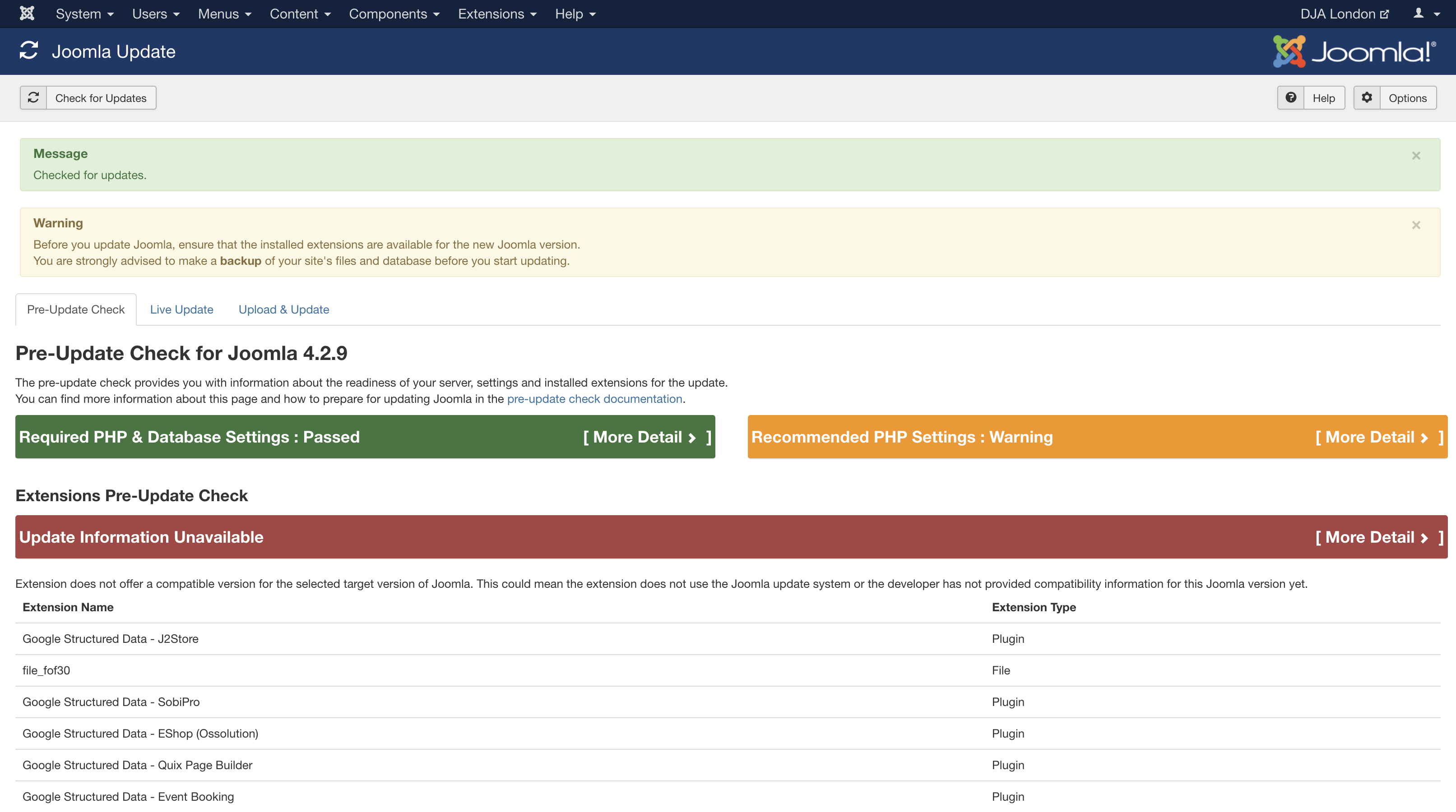 Pre-Update Check For Joomla 4.2.9