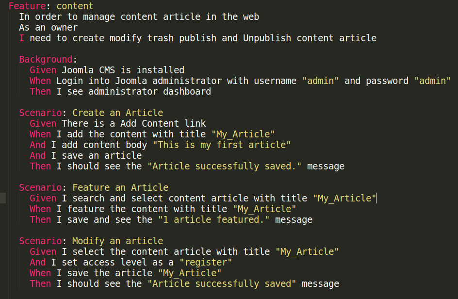 Gherkin feature scenarios