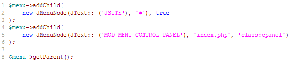 code for menu items in the admin menu