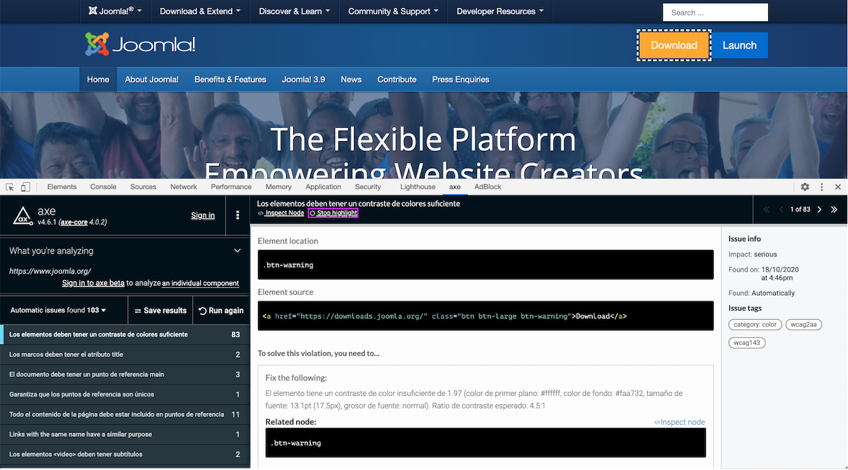 Results of the AXE testing tool on Joomla.org showing a list of a11y issues to address