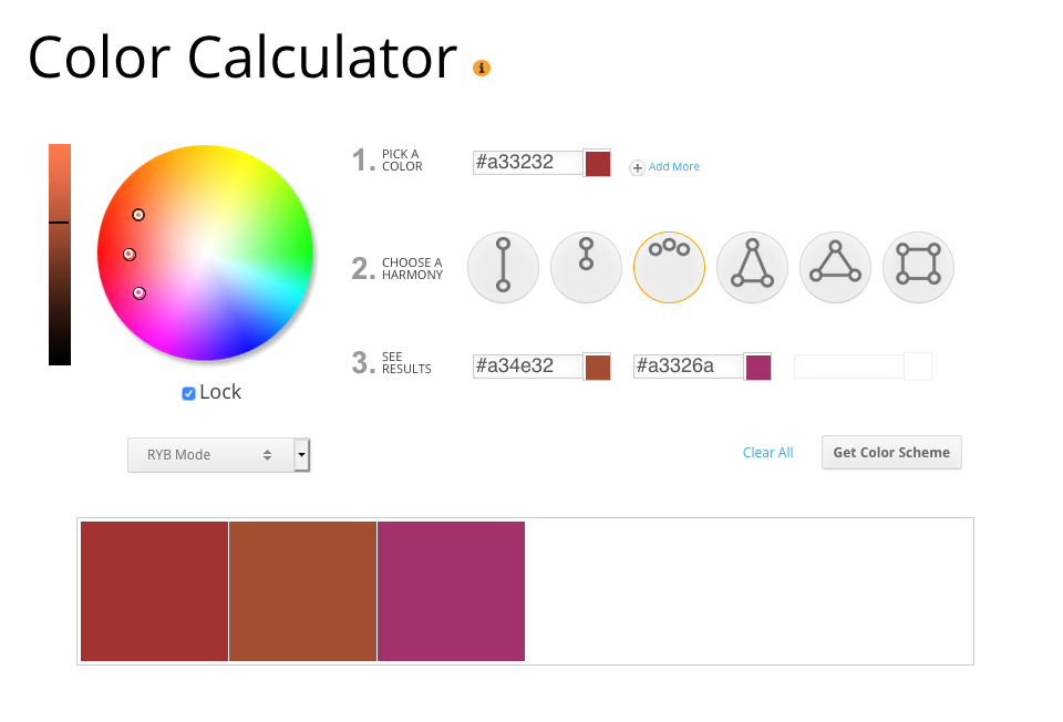 Color wheel of analogous colors for main color #a33232. Resulting colors listed after the image.