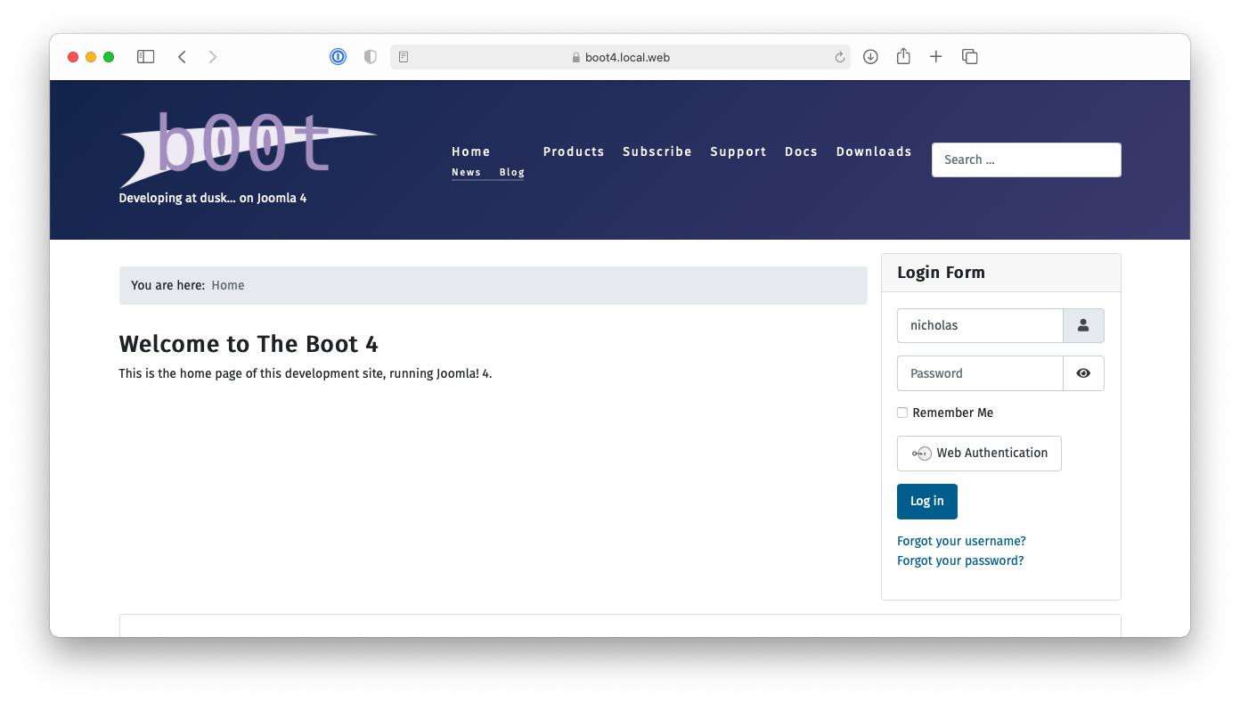 Screenshot of Joomla 4's front-page with the login area ready to start logging in with WebAuthn