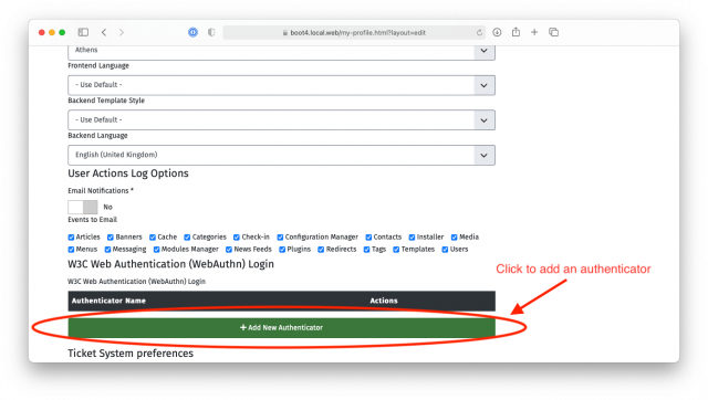 Screenshot of the profile editor page, showing the Passwordless Login area