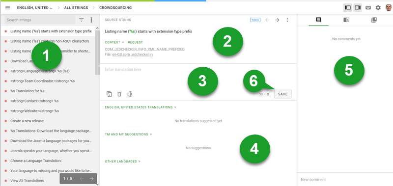 Areas of the Crowdin translation dashboard when translating