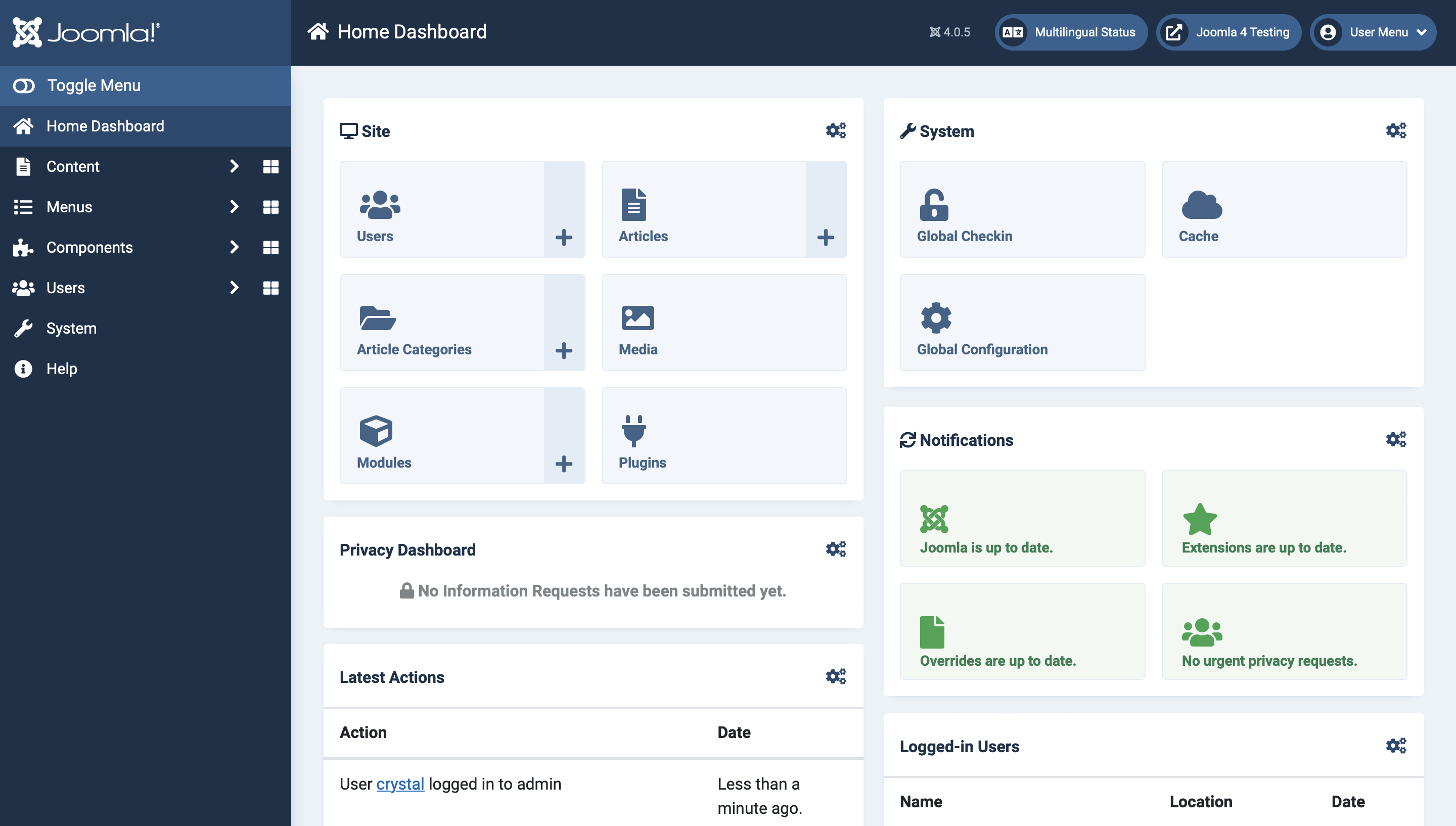 The Default Administrator View in Joomla 4