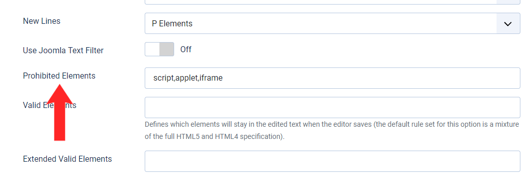 Prohibited elements in TinyMCE