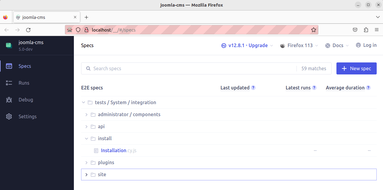 Joomla test suite in Firefox via Cypress App.