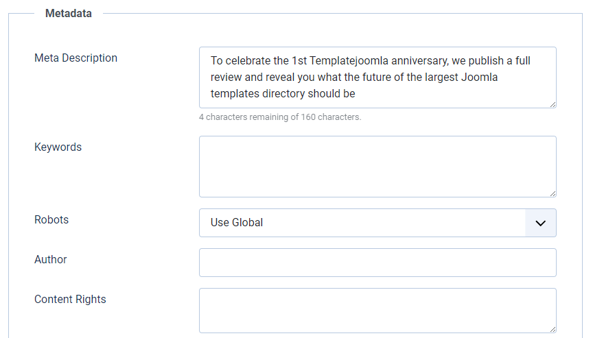 Joomla article metadata parameters
