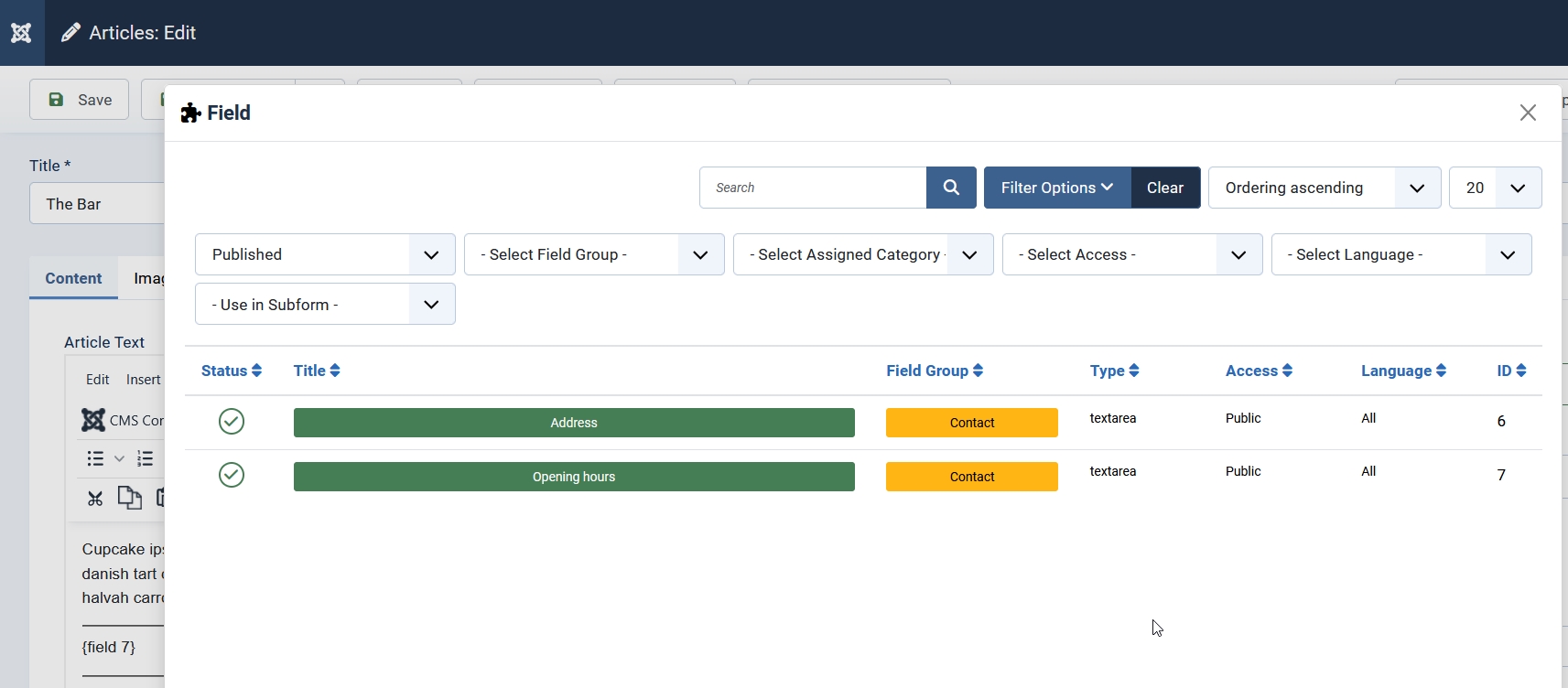 Insert fields in article