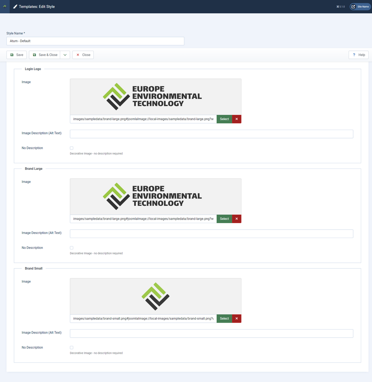 Atum template - Image settings