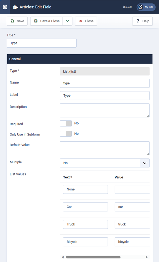 A list custom field with 4 options: none, car, truck and bicycle