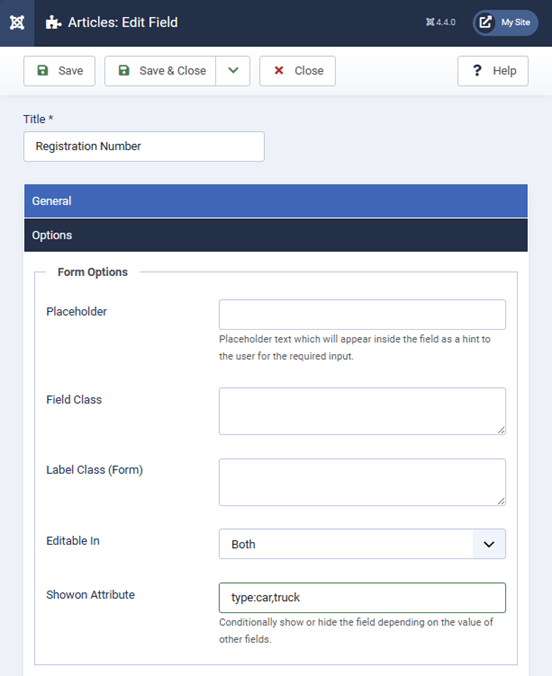 The text custom field, with showon attribute set to type:car,truck