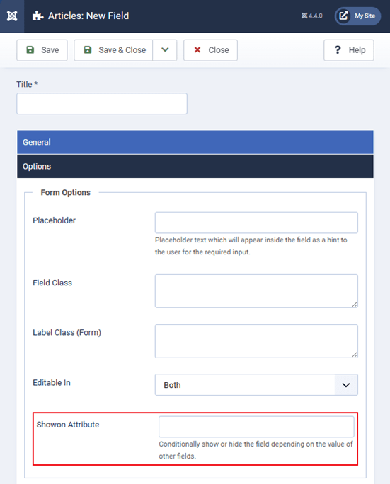 The showon attribute for a custom field