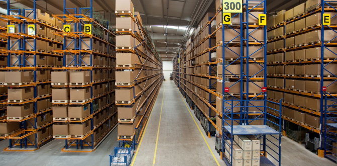 a warehouse with shelves stacked high with boxes