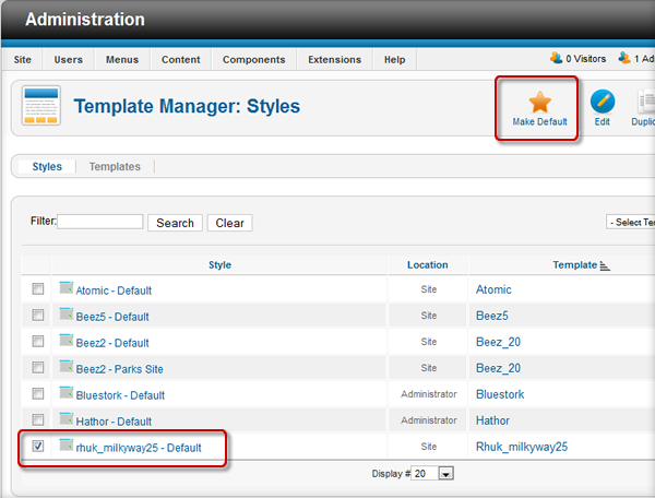 Set the new Joomla 2.5 template as default