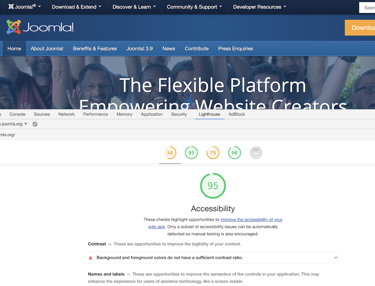 Lighthouse report for Joomla.org web site showing a score of 95 for Accessibility