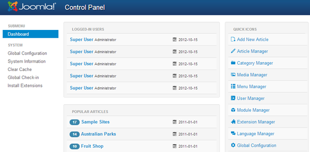 Главная страница админки Joomla 2.5