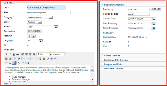 Экран редактирования статьи в Joomla 2.5