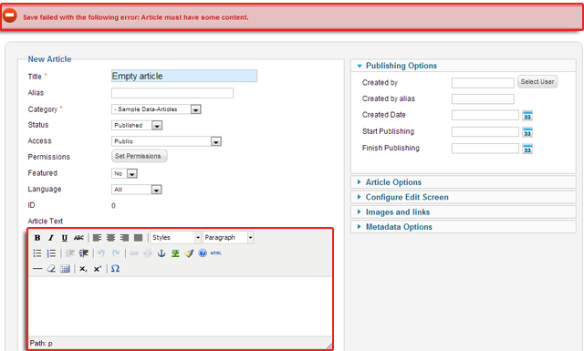 Пустые статьи нельзя было сохранить в Joomla 2.5