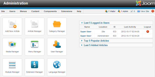 Главная страница админки Joomla 2.5