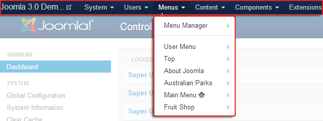 Главное меню бэкенда Joomla 3.0