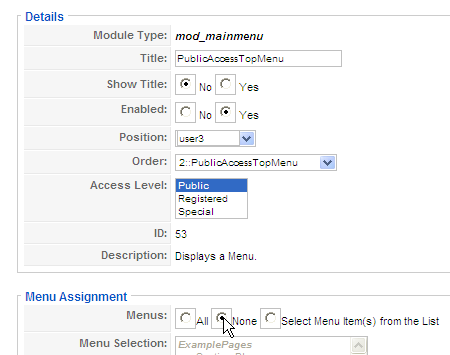 Public Access Top Menu Configuration