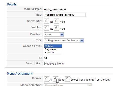 Registered Users Top Menu Configuration