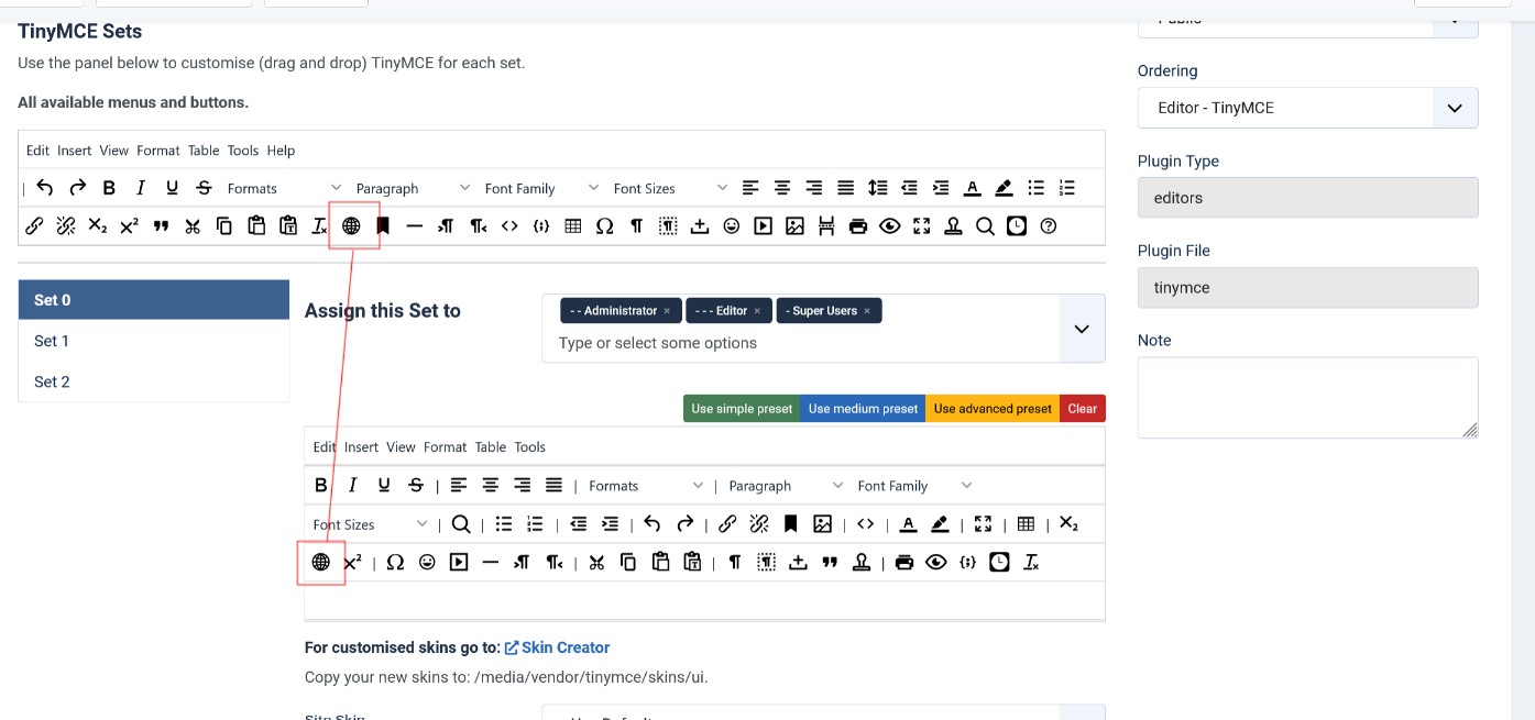 language of parts editor settings