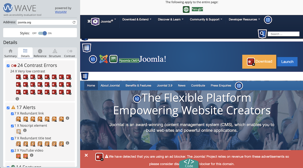 WAVE test for Joomla.org screenshot where all issues are marked on the website with different labels